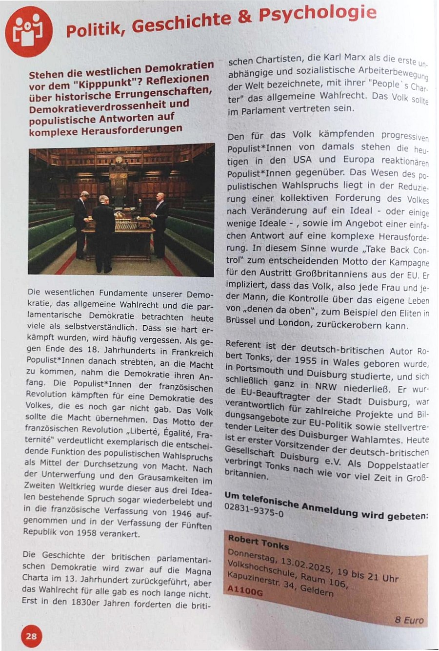 Volkshochschule Geldern - Vortrag Robert Tonks am 13.Februar 2025